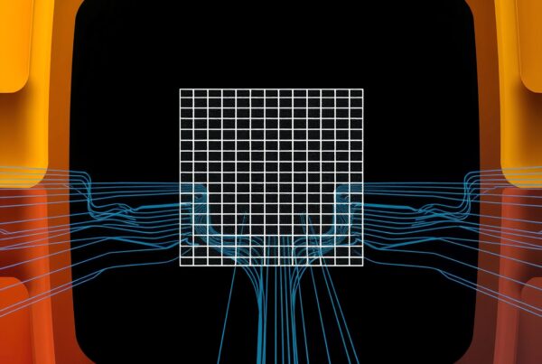 Futuristic design with vibrant blue circuits flowing outward from a central grid, framed by a yellow-orange gradient.