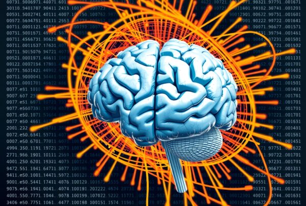 Illustration of a brain surrounded by orange neural lines and data.