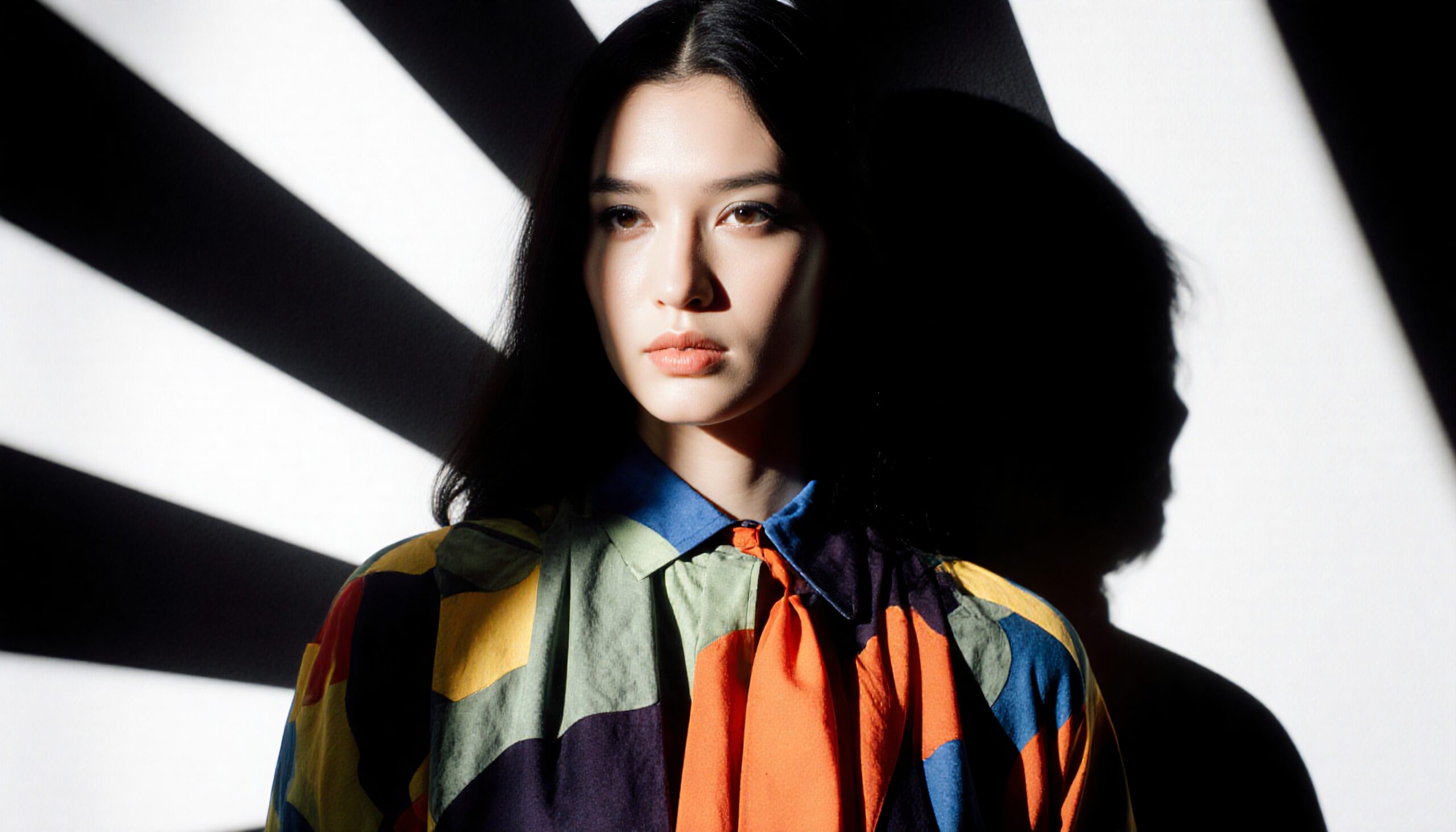 Geometric shadows colorful blouse portrait
