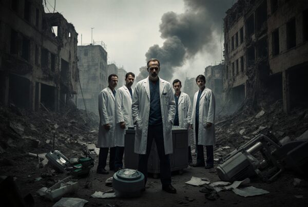 Doctors stand amidst rubble in a war-torn cityscape with smoke and debris.