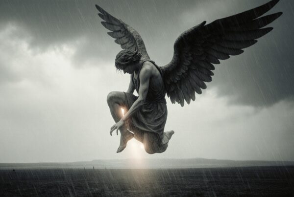 An angel with wide wings descends gracefully amid rain and storm, illuminated by a divine glow.