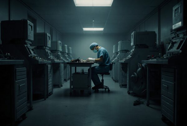Person in surgical scrubs works under dim light surrounded by machinery in a narrow industrial setting.