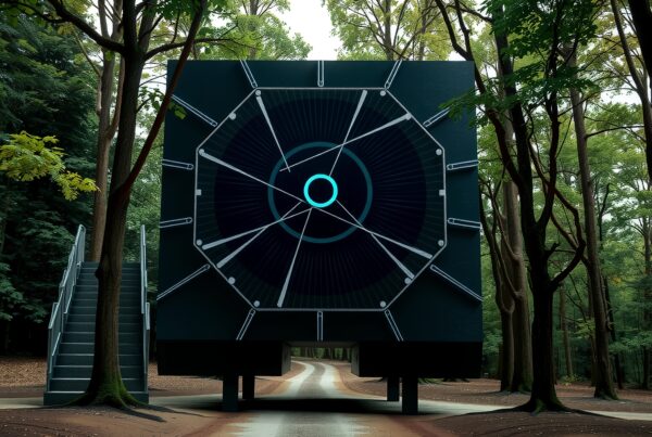 A large, futuristic geometric structure stands in a forest, creating a striking contrast between technology and nature, lined by tall trees.