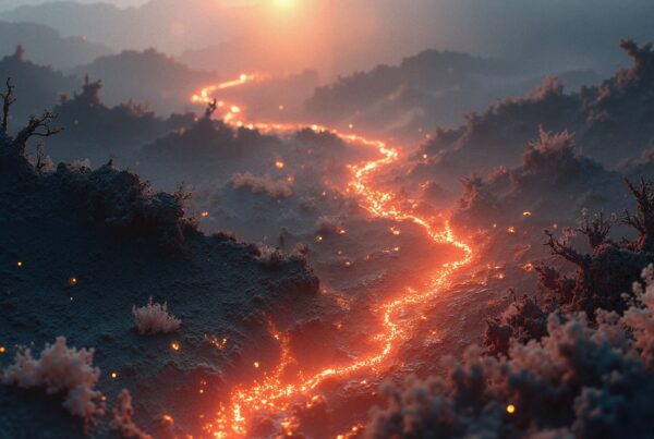 A vivid landscape with a glowing river of lava winding through a dark and rugged terrain at sunset.