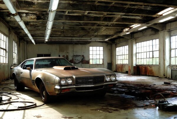 A vintage car rests in an abandoned garage, surrounded by signs of decay and nostalgia, creating an evocative scene of quiet solitude.