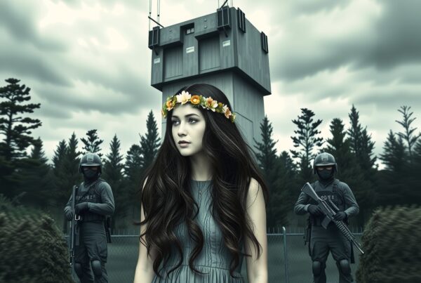 Young woman in flower crown near watchtower guarded by armed officers, depicting contrast of innocence and authority.