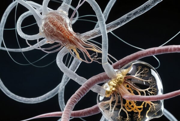 Detailed illustration of surreal jellyfish-like creatures in an intricate network of translucent tendrils.
