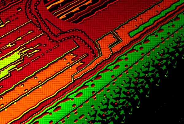 Vibrant abstract art with geometric designs in red, orange, green.
