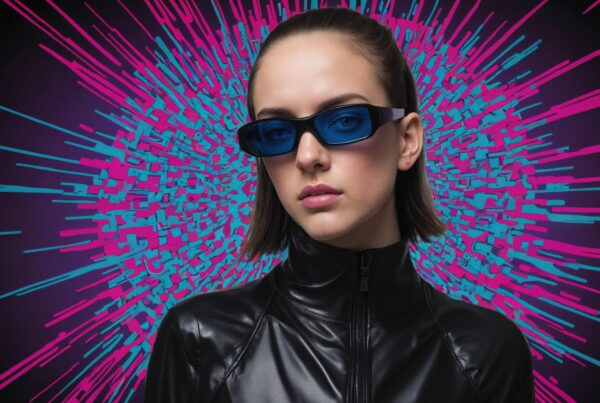 A woman in futuristic sunglasses and a black leather jacket stands against a vibrant pink and blue geometric burst background.
