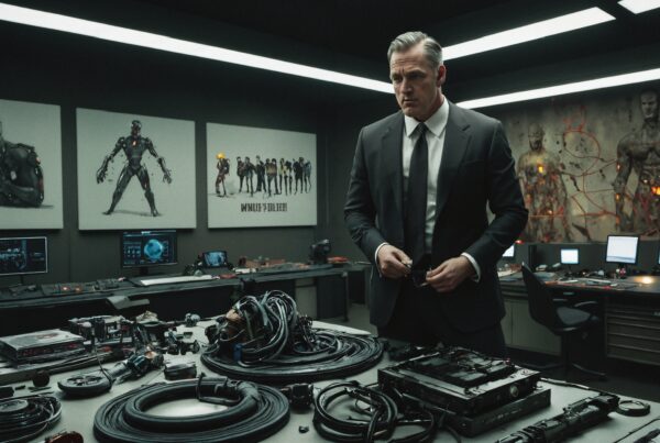 A man in a suit examines advanced technology in a high-tech lab with sleek monitors and futuristic art.