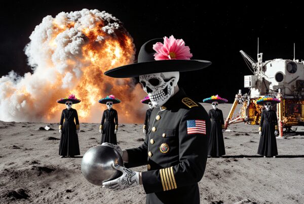 A mysterious scene on the moon combines Día de los Muertos elements with space exploration themes, featuring costumed skeleton figures and an explosion.