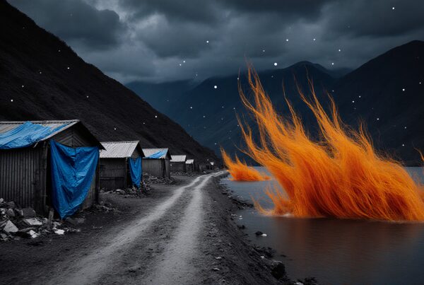 A mysterious landscape with dark mountains, rustic huts, and surreal fiery formations in water under a stormy sky.