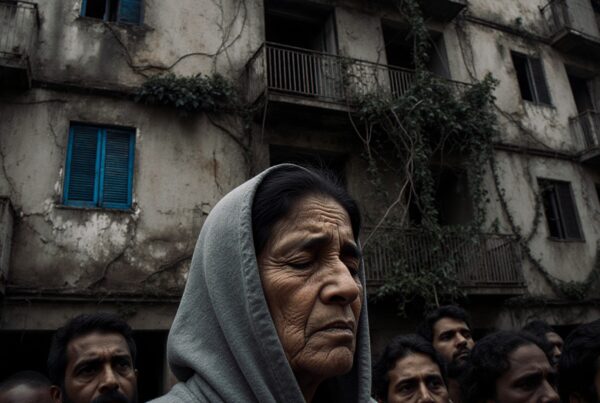 A solemn older woman with closed eyes stands in front of a weathered building, surrounded by a group, depicting resilience amidst decay.