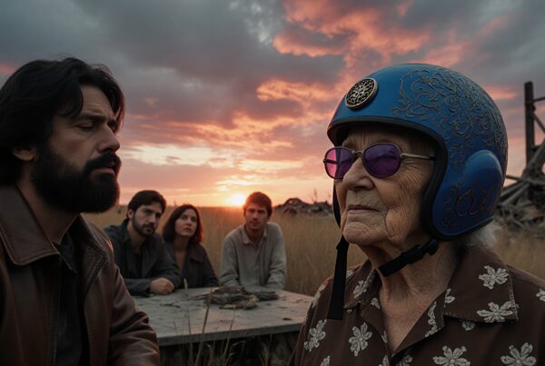 A thoughtful group at sunset with an elderly woman in a helmet.