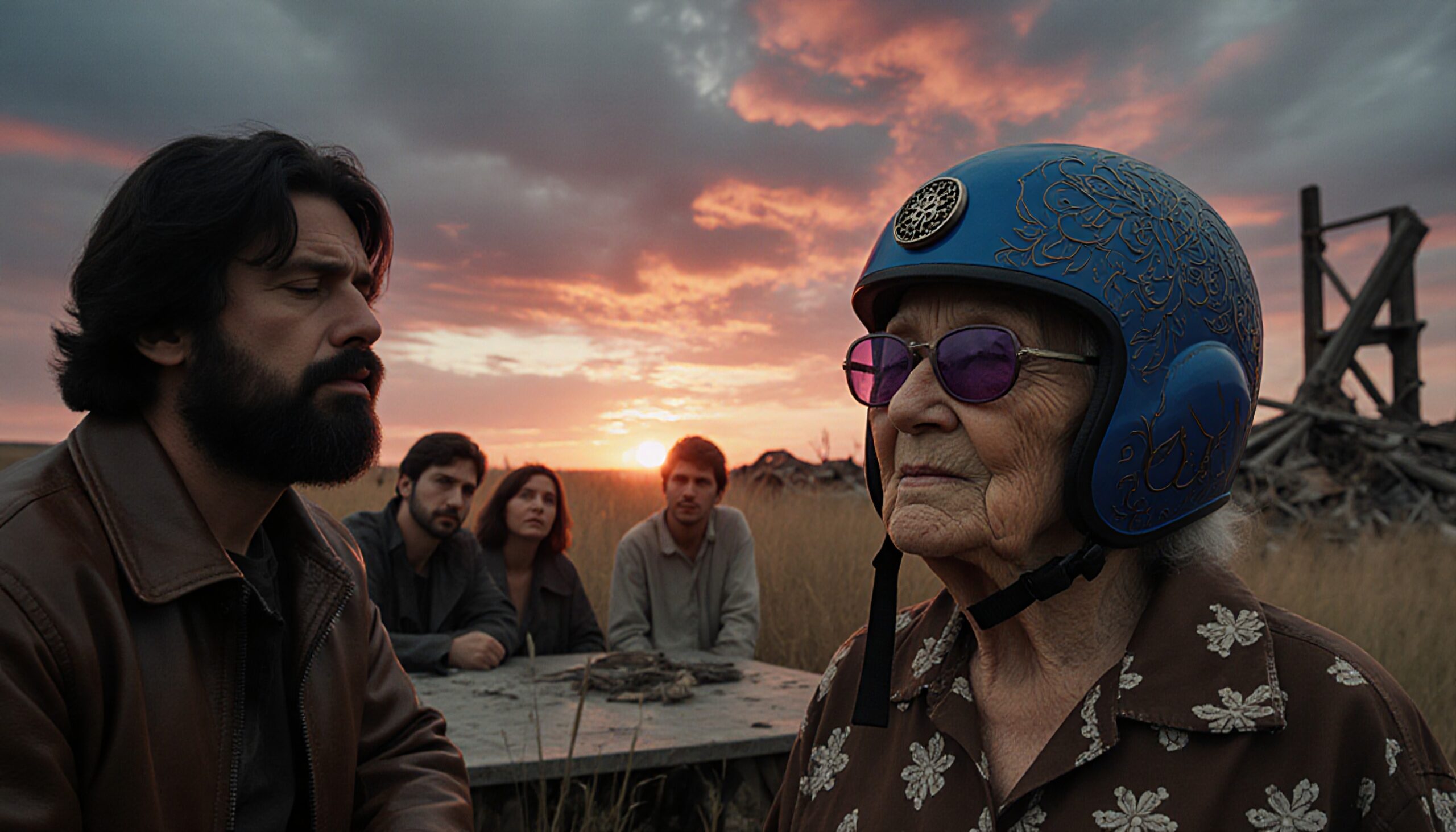 Reflective gathering at sunset field