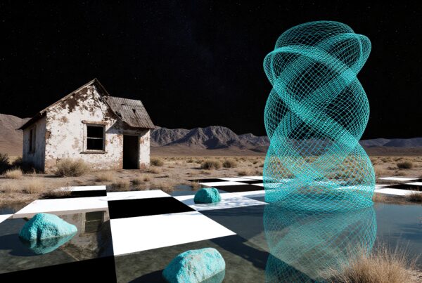 A surreal image of a desert landscape with a checkered ground, a turquoise wireframe sculpture, and a weathered house under a starry sky.
