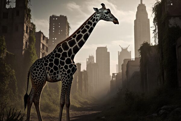Giraffe stands in an overgrown, abandoned cityscape.