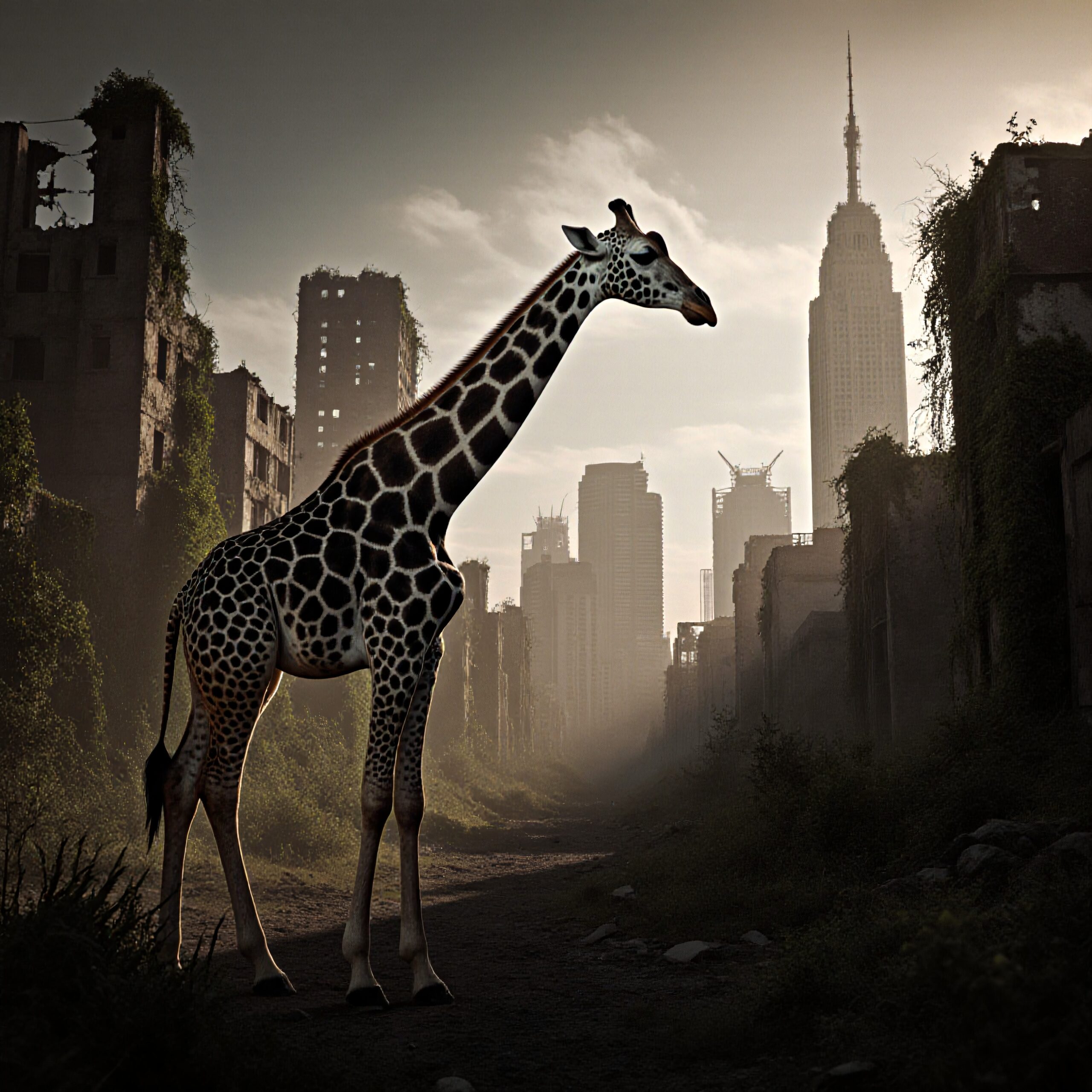 Giraffe in Abandoned City Scene