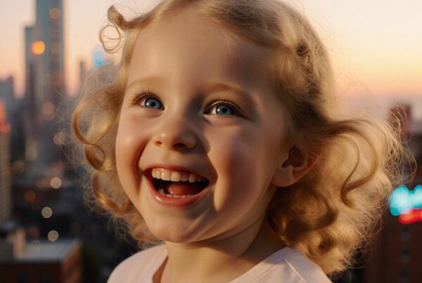 A joyful child with curly hair smiles broadly against a blurred city skyline at dusk.