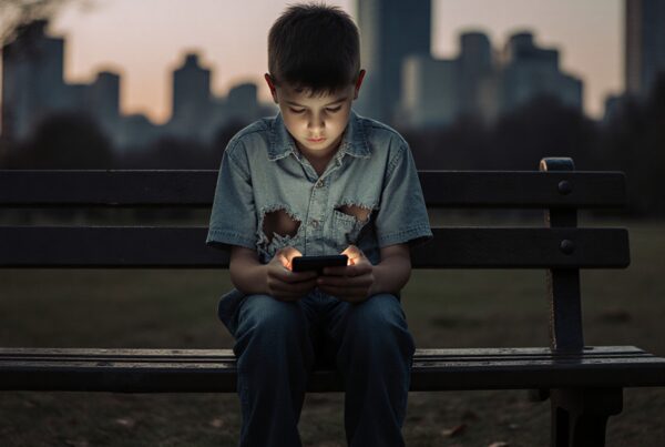 A young boy sits on a park bench in the evening, illuminated by his smartphone screen, with a city skyline in the background.