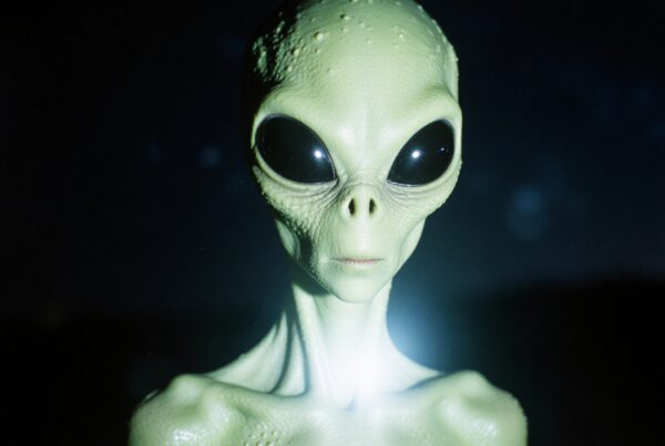 A green alien with large eyes set against a dark night sky, glowing in the soft light.