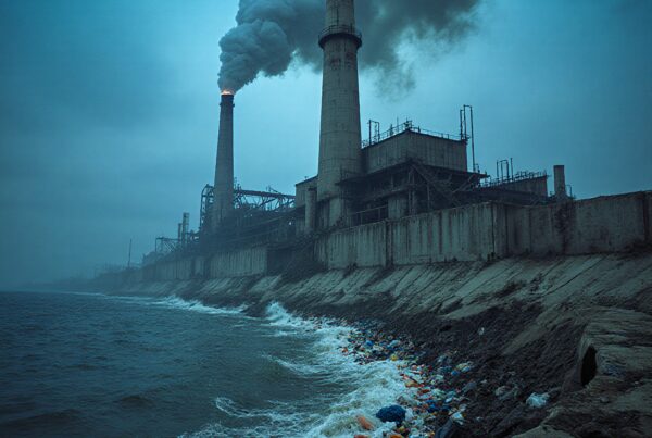 An industrial factory by the sea with smokestacks releasing smoke and debris washing ashore.