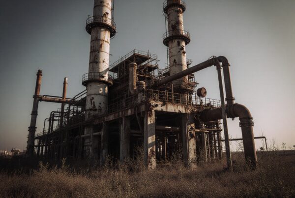 An abandoned industrial facility with overgrown vegetation and rusted smokestacks, highlighting neglect and decay.