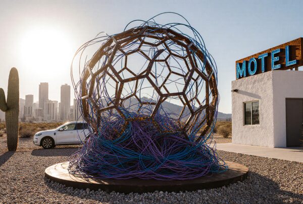 A captivating desert scene with a metal and wire sculpture, cactus, and motel under a glowing sun.
