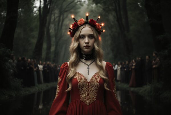 A woman in a red dress stands on a forest path, surrounded by a crowd, wearing a crown of candles and roses.