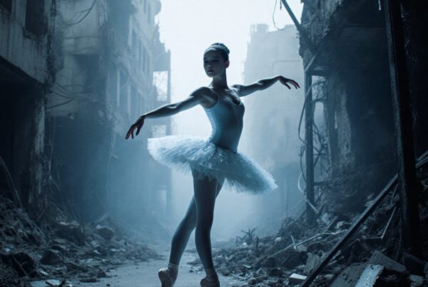 Ballerina dancing amidst urban ruins, illustrating resilience and beauty in a desolate, post-apocalyptic setting.
