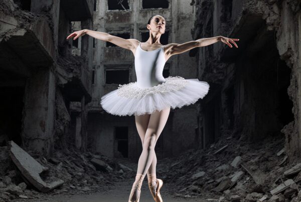 A ballerina performs in ruins, juxtaposing grace and decay.