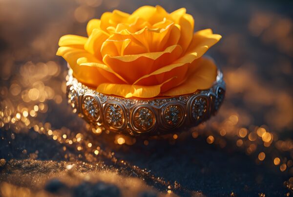 A vibrant yellow rose in an ornate, gemstone-adorned bowl with warm bokeh lighting.