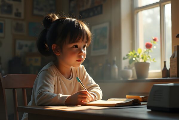 Young child writing at a sunlit table by a window with flowers.