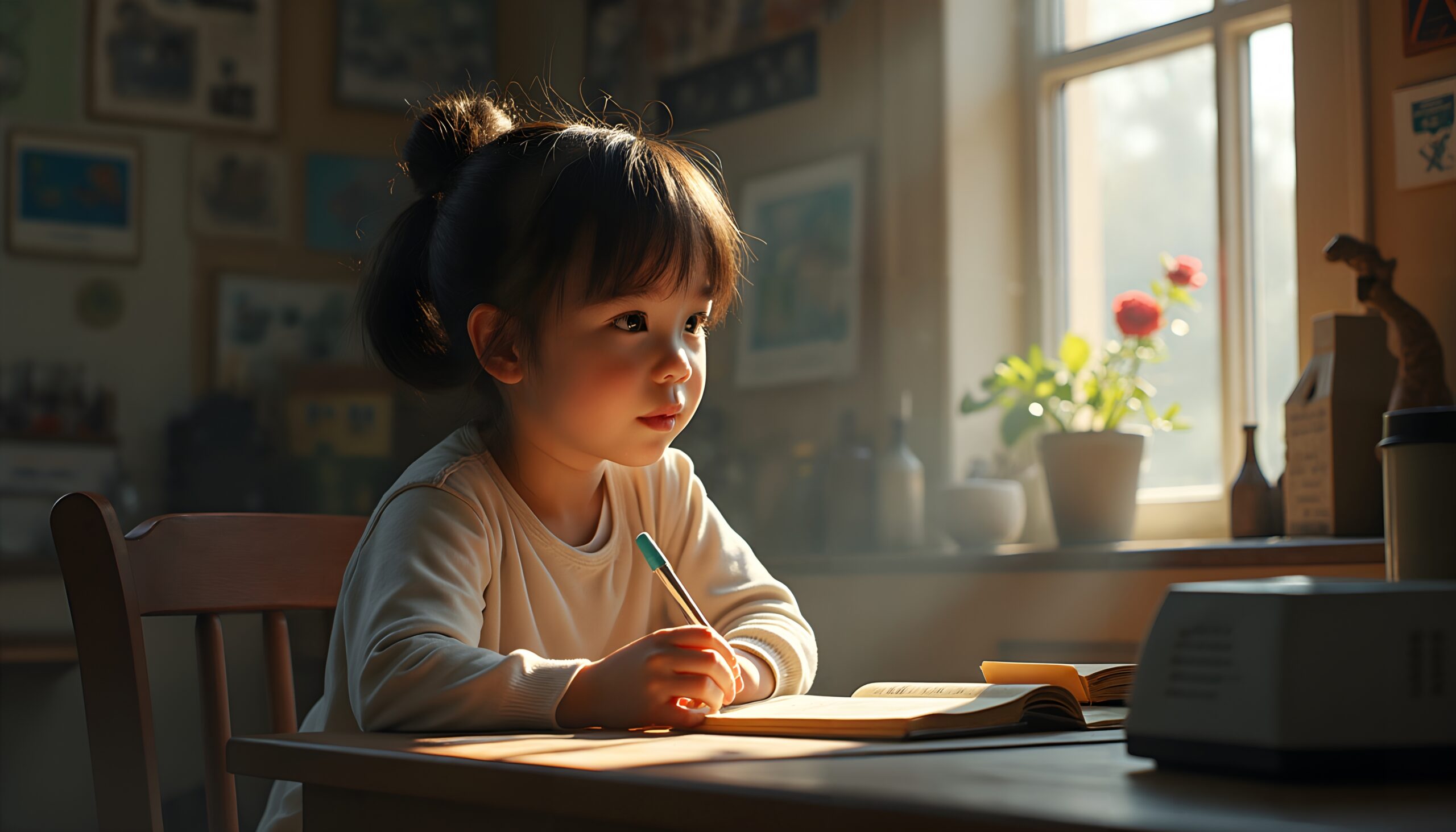 Child Writing in Sunlit Room