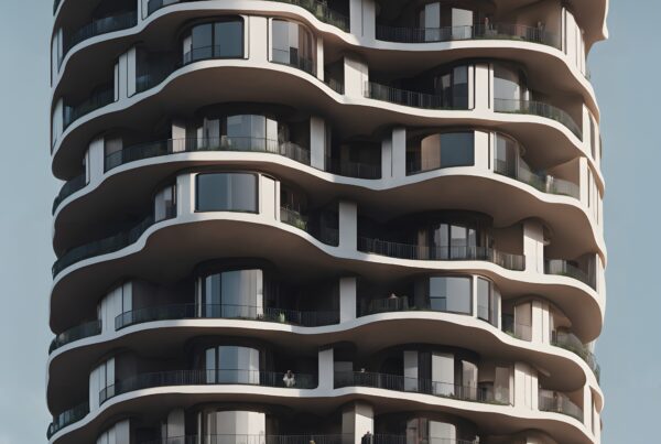 Modern high-rise building with artistic wavy balconies.