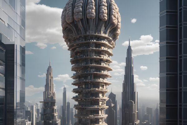 A futuristic city landscape with a brain-like skyscraper surrounded by modern buildings under a clear sky.