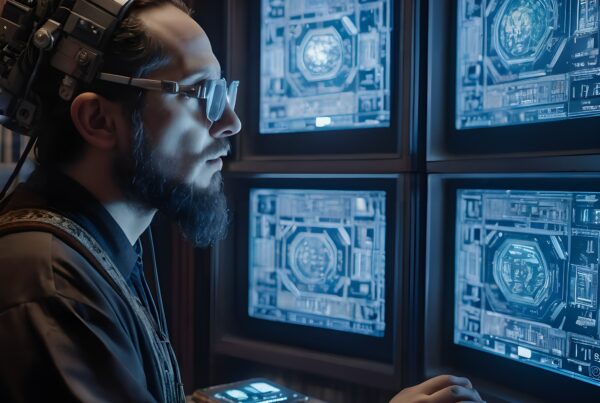 A man using augmented reality glasses interacts with futuristic digital interfaces and technology in a dimly lit, cybernetic environment.