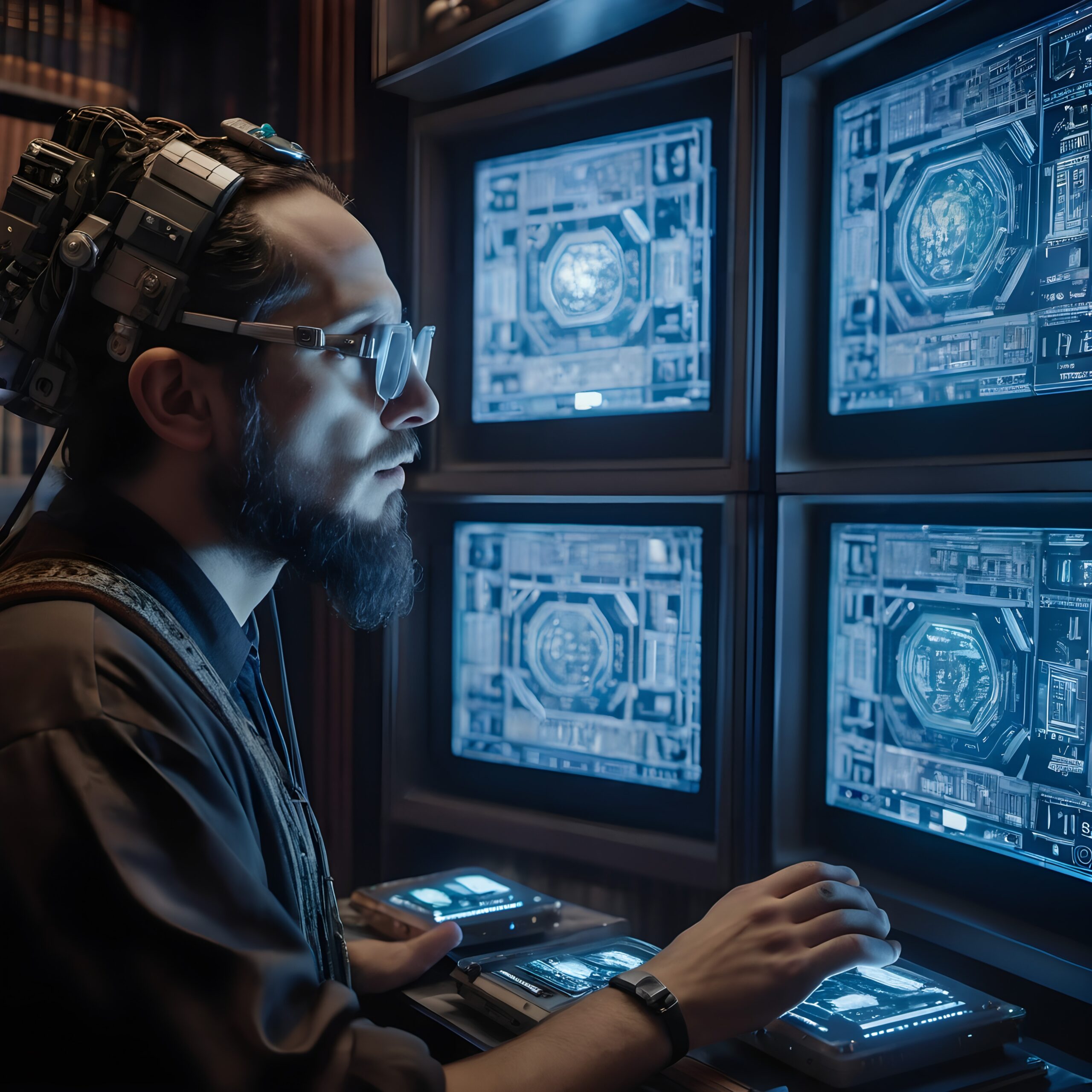Man controlling futuristic digital screens