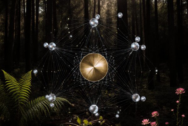 A golden sphere interconnected with silver spheres floats amidst a serene forest, blending natural beauty and futuristic design seamlessly.