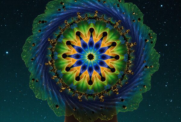 A human with a colorful kaleidoscopic mandala head against a starry night sky.