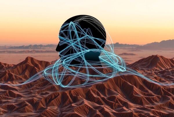 Surreal desert artwork with abstract human head silhouette interwoven with glowing blue lines.