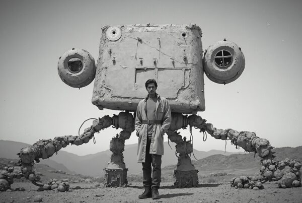 Man stands before large robot in desolate desert landscape.