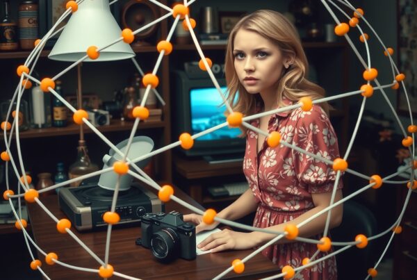 Woman sitting at desk with molecular model structure in retro-themed room.