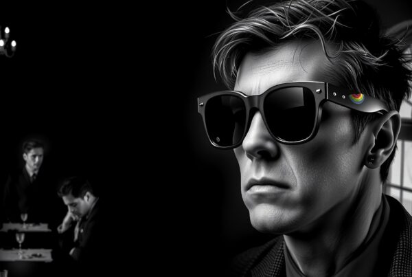 A man in sunglasses with colorful emblem and introspective background.