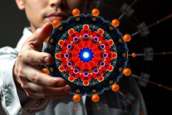 A person holds a vibrant mandala-like object in focus, set against a dark background, highlighting its colorful symmetrical patterns.