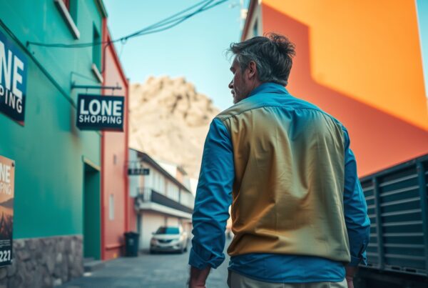 A man walks along a vibrant alley with colorful buildings and shopping signs.