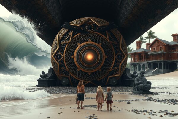 Three children stand on a beach, facing a massive, intricate structure with crashing waves, near a grand mansion.