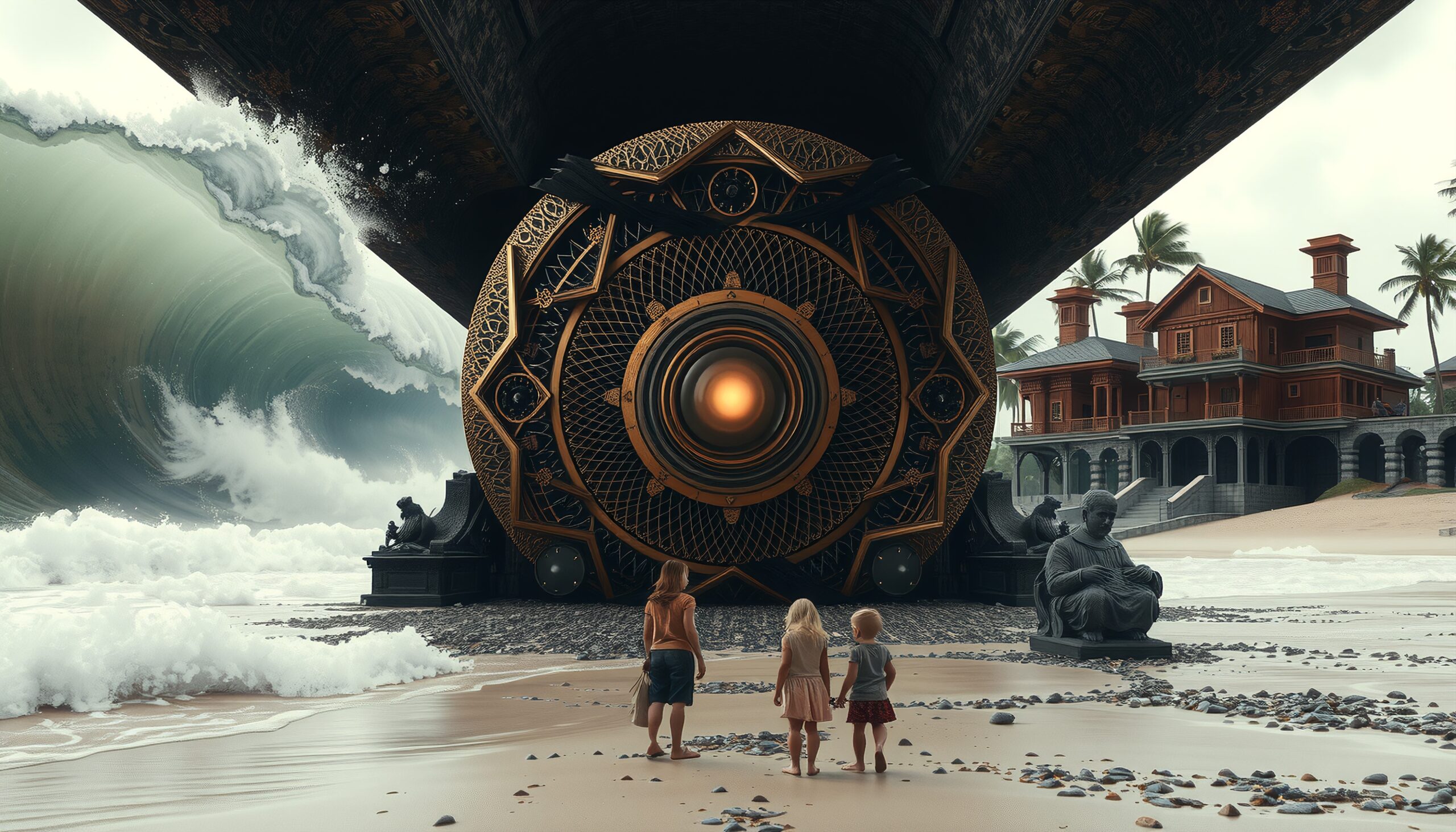 Children Confront Surreal Ocean Obelisk