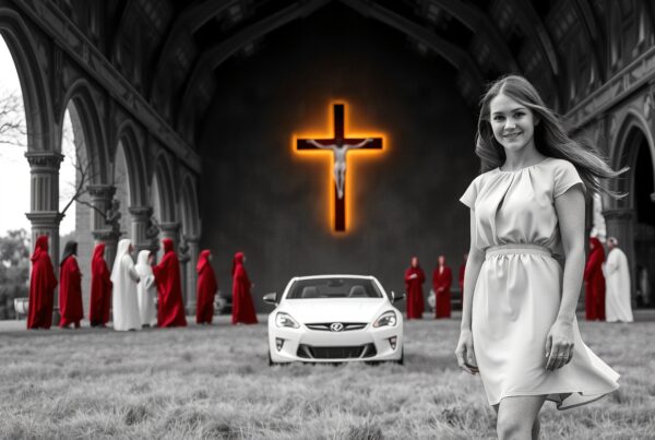 A woman in white stands amidst robed figures under arches with a glowing cross and parked car.