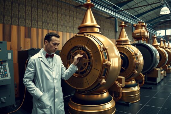 A scientist examines steampunk machines in a laboratory.